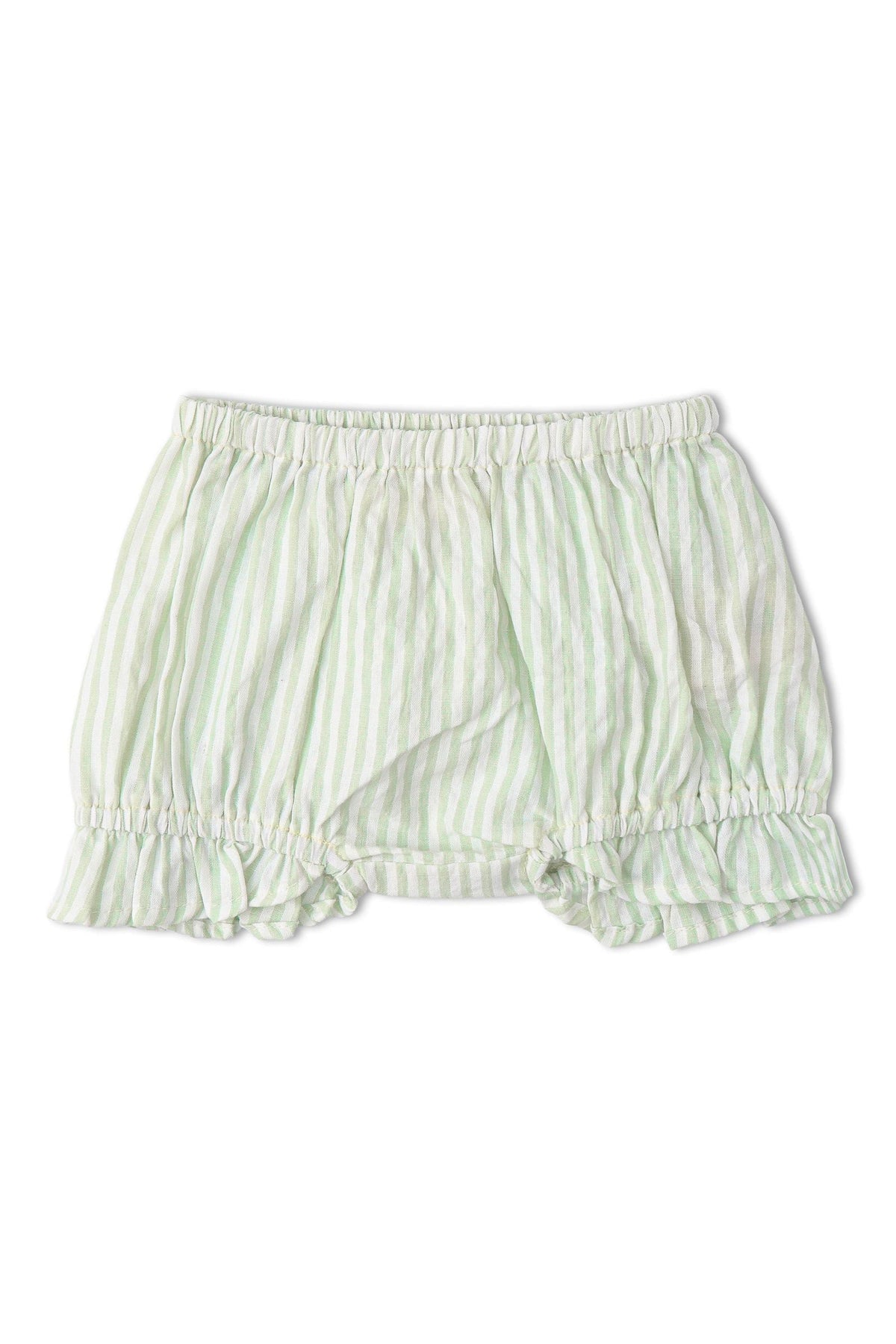 Light green and white striped bloomer shorts made from soft, organic cotton. The design features an elastic waistband and ruffled edges, perfect for keeping little ones comfortable and stylish.