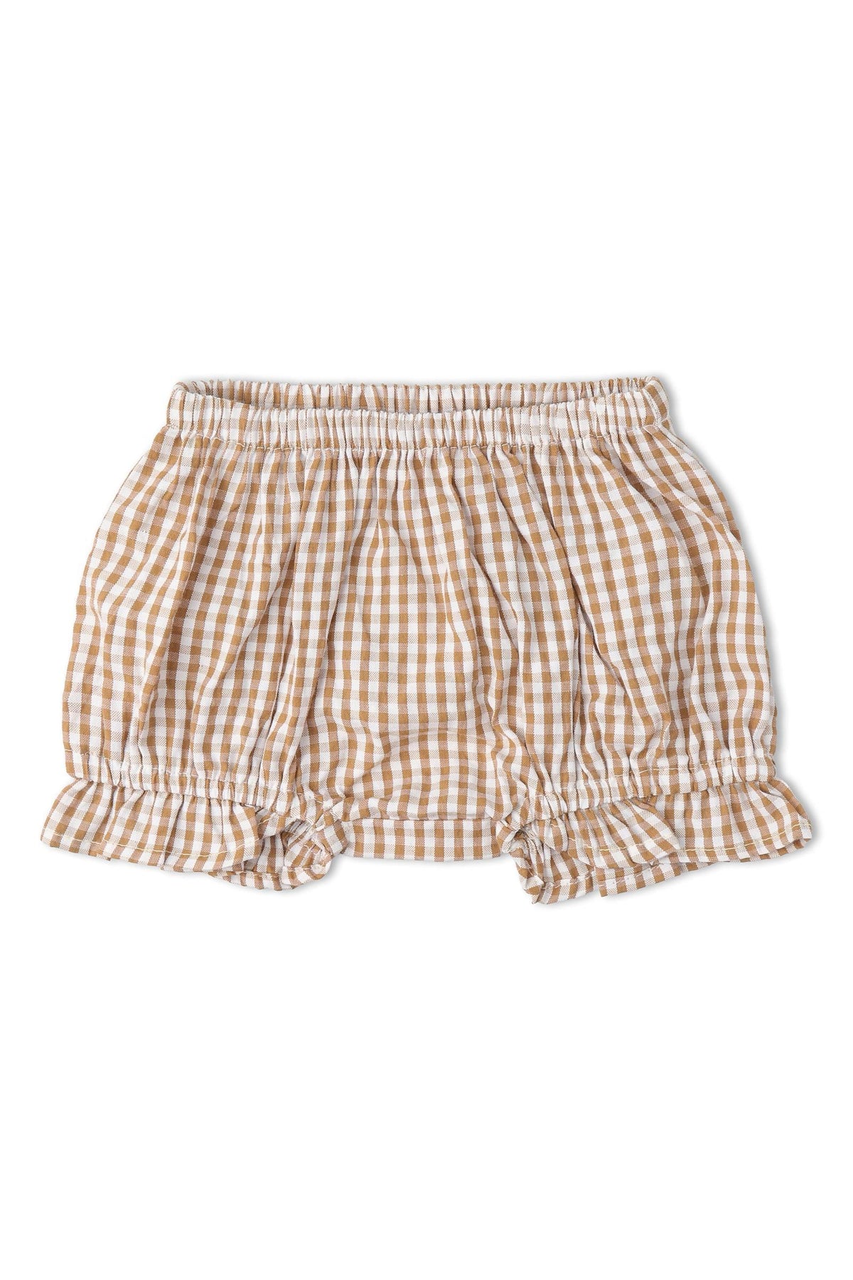 A caramel check bloomer featuring a soft, elastic waistband and delicate ruffle details at the hem. Made from organic cotton, this piece is perfect for little ones sunny day adventures.