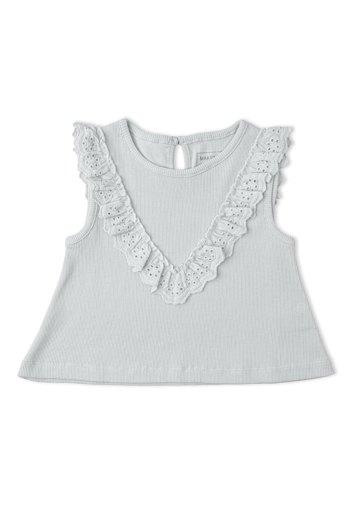 Light gray sleeveless top featuring a V-neck with delicate ruffle detailing. Made from soft, organic fabric, this stylish piece is perfect for comfortable, playful wear in warm weather.