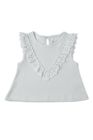Light gray sleeveless top featuring a V-neck with delicate ruffle detailing. Made from soft, organic fabric, this stylish piece is perfect for comfortable, playful wear in warm weather.
