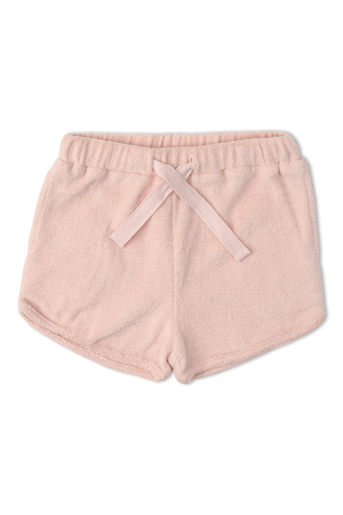 Soft blush terry shorts with a relaxed fit and drawstring waist. Ideal for lounging or play, these organic cotton shorts prioritize comfort and sustainability for everyday wear.