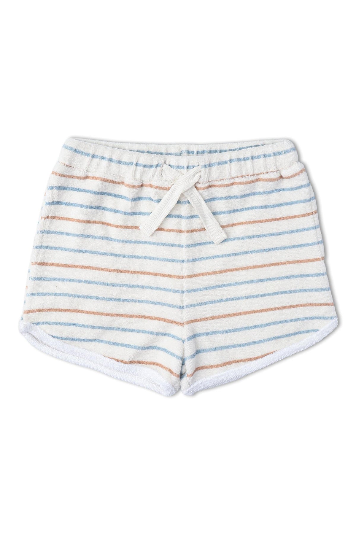 Organic cotton shorts featuring a light blue base with horizontal stripes in soft peach and beige. The relaxed fit includes an elastic waistband with a tie for adjustable comfort.