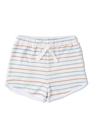 Organic cotton shorts featuring a light blue base with horizontal stripes in soft peach and beige. The relaxed fit includes an elastic waistband with a tie for adjustable comfort.