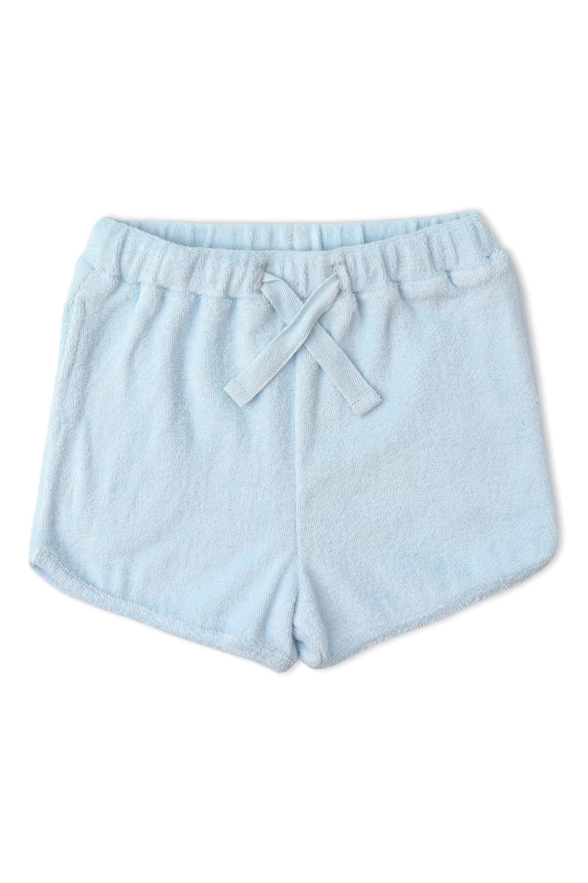 Light blue terry cloth shorts with a relaxed fit and elastic waistband, perfect for lounging or play. Made from organic materials, these shorts are soft and comfy for kids.