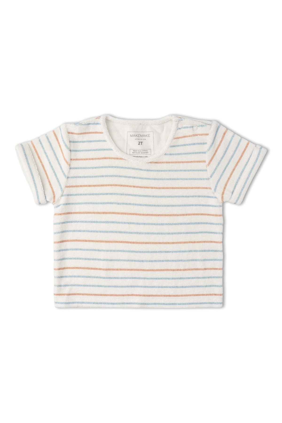 A soft, organic cotton terry tee features a relaxed fit and colorful cabana stripes in pastel hues.