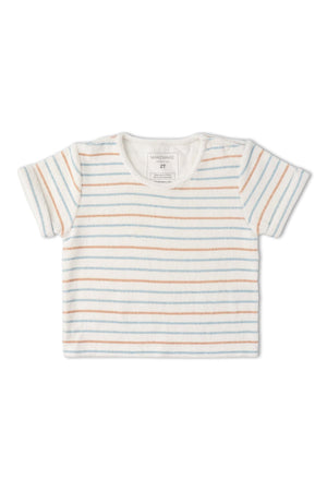 A soft, organic cotton terry tee features a relaxed fit and colorful cabana stripes in pastel hues.