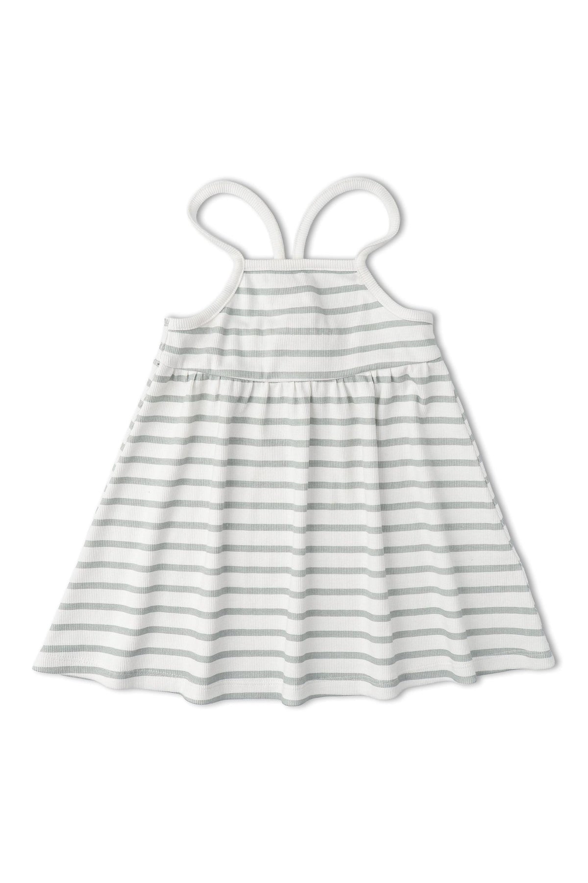Light gray dress with white stripes featuring adjustable tie-back straps. Made from soft, breathable organic cotton, this stylish piece is perfect for young girls casual outings.
