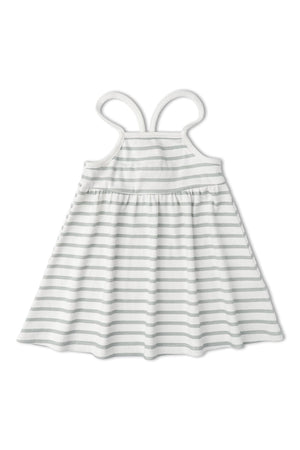 Light gray dress with white stripes featuring adjustable tie-back straps. Made from soft, breathable organic cotton, this stylish piece is perfect for young girls casual outings.
