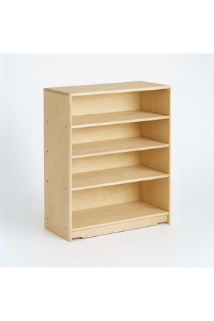 Light-colored wooden shelf with four open shelves, designed for organizing books and toys. This Montessori-style unit promotes easy access, enhancing playroom or classroom organization for children.