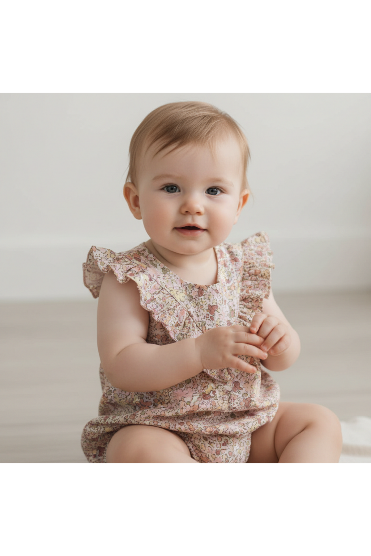 A smiling baby sits on a light wooden floor, wearing a pastel floral sleeveless romper with ruffles. The garment features soft, organic fabric, perfect for comfort and play.