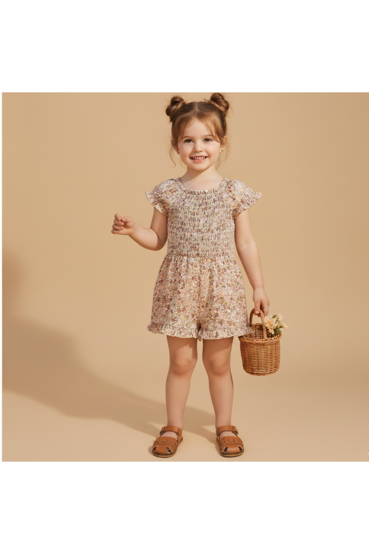 A young girl stands smiling in a pastel floral smocked jumpsuit, featuring ruffled sleeves. She holds a small woven basket and is set against a warm, neutral background.