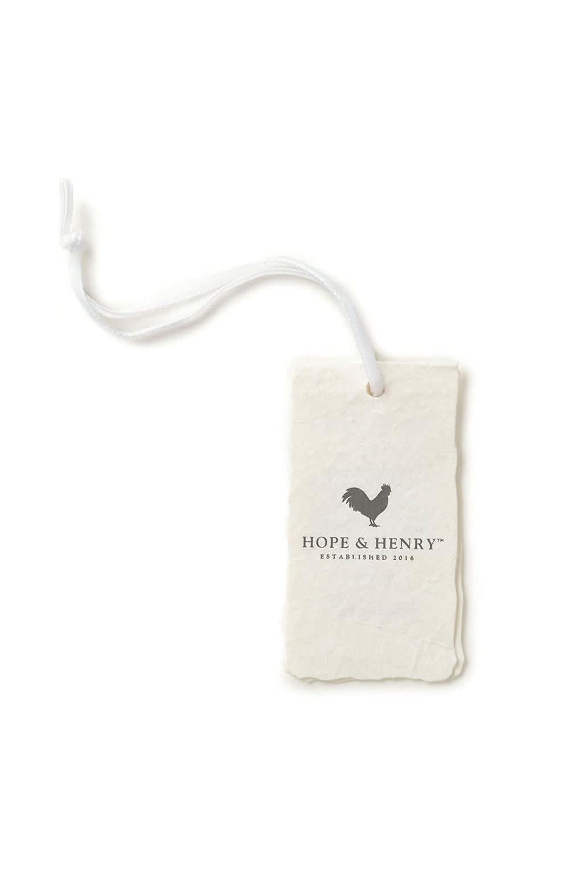 A textured, cream-colored tag with the Hope & Henry logo and Established 2016 printed in gray ink.