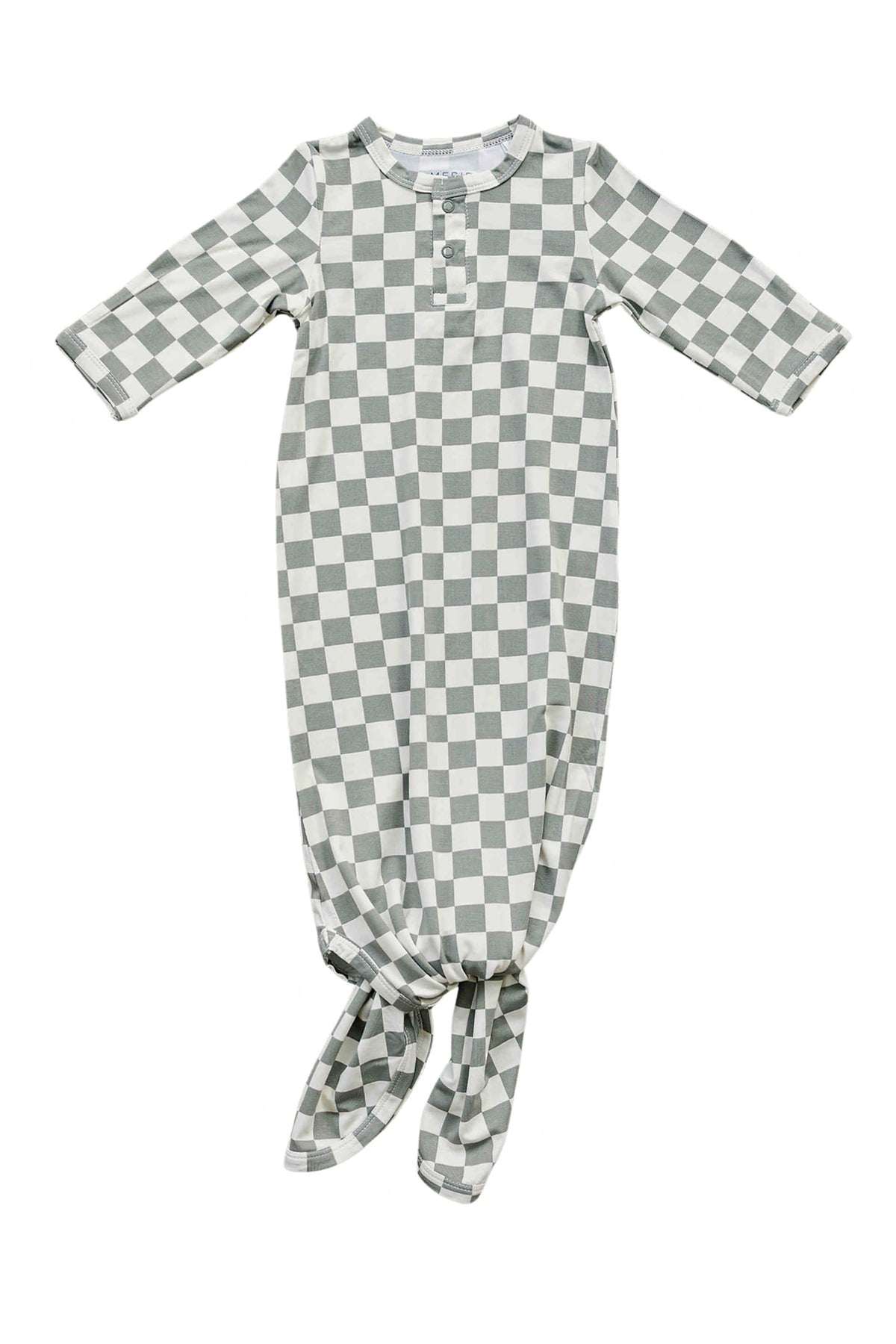 Light green checkered baby knot gown made from soft bamboo fabric, featuring long sleeves and a buttoned front.