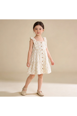 A young girl stands in a light, tiered dress with soft flutter sleeves and a button front, featuring a floral pattern on a beige background, showcasing comfort and style.