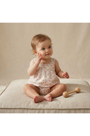 A smiling baby sits on a soft, neutral cushion, wearing a light floral romper. The outfit features delicate pink flowers, showcasing a comfortable and stylish design suitable for warm weather.
