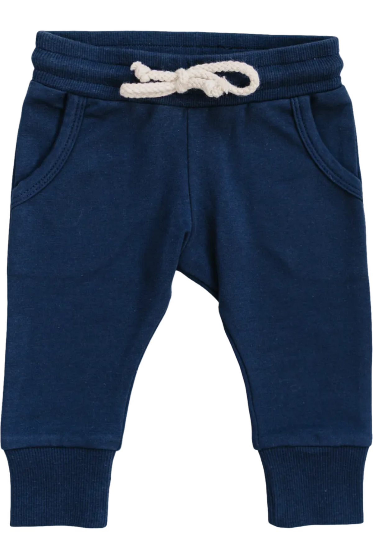 Navy cotton joggers feature a soft, lightweight material with an elastic waistband and functional drawstring. Designed for kids, these joggers include two front pockets for convenience.