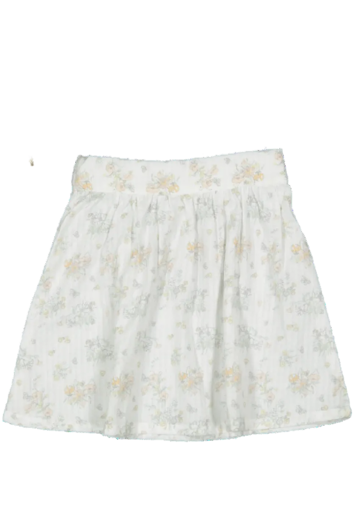 White floral skirt featuring a gathered waist and soft cotton material, designed for toddlers and kids. The delicate print adds a charming touch to any outfit.