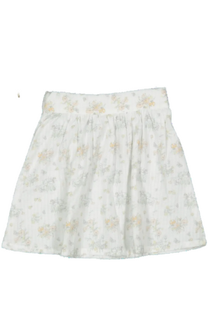 White floral skirt featuring a gathered waist and soft cotton material, designed for toddlers and kids. The delicate print adds a charming touch to any outfit.