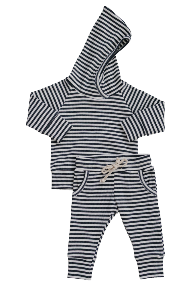 Charcoal striped ribbed hooded set featuring a cozy top with a hood and matching pants, crafted from soft, breathable organic cotton for comfort and style. Ideal for everyday wear.