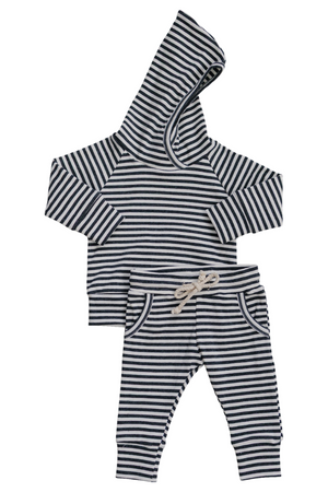 Charcoal striped ribbed hooded set featuring a cozy top with a hood and matching pants, crafted from soft, breathable organic cotton for comfort and style. Ideal for everyday wear.