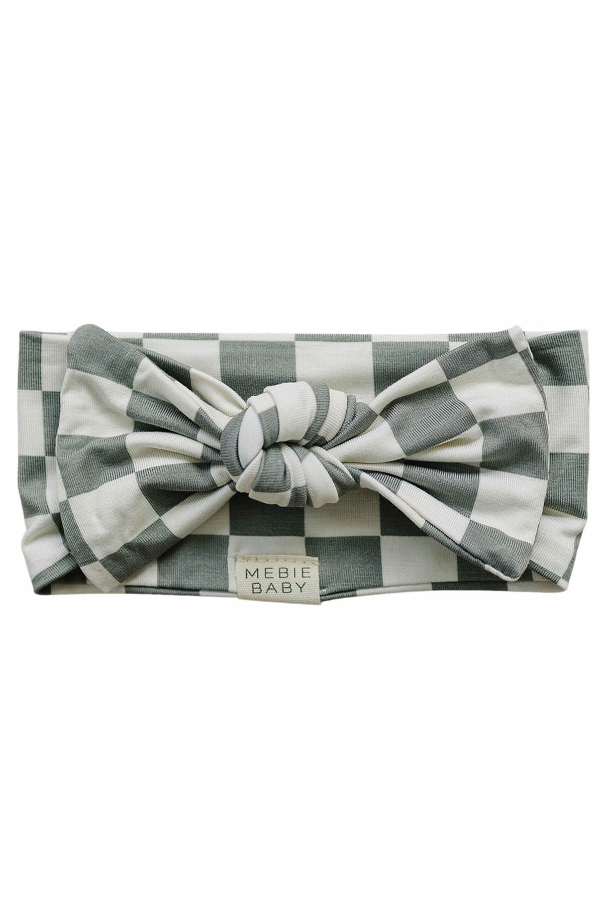 Light green checkered head wrap with a knot design, labeled Mebie Baby, made from bamboo and spandex fabric.