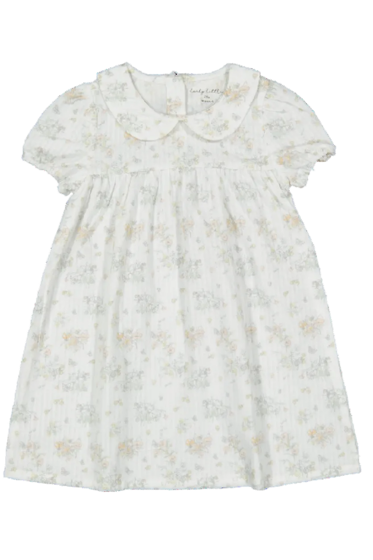 A light cream dress featuring a delicate floral pattern and a classic collar, perfect for toddlers. The dress is made from soft, sustainable fabric, ensuring comfort for young children.