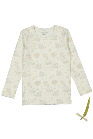 A soft, long-sleeve cotton tee for toddlers features a delicate floral print on a cream background. This eco-friendly shirt is made from 95% cotton and 5% spandex for comfort.