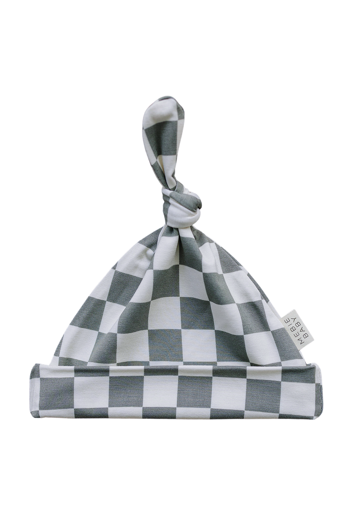 Checkered knot hat in light green and white, made from soft bamboo fabric, suitable for newborns.