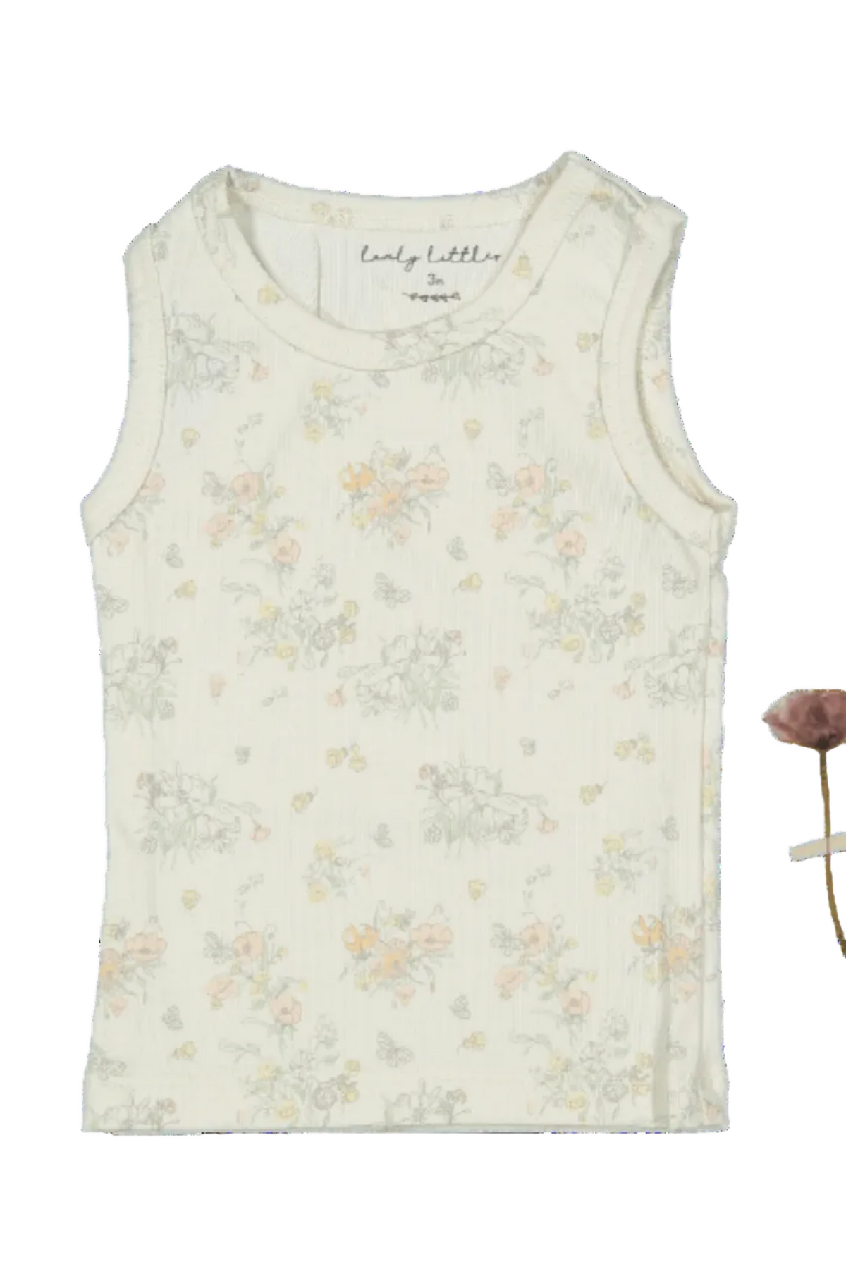 A soft, cream-colored cotton tank top features a delicate floral print in pastel shades. The lightweight fabric is perfect for babies and toddlers during warm weather.
