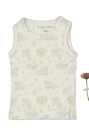 A soft, cream-colored cotton tank top features a delicate floral print in pastel shades. The lightweight fabric is perfect for babies and toddlers during warm weather.