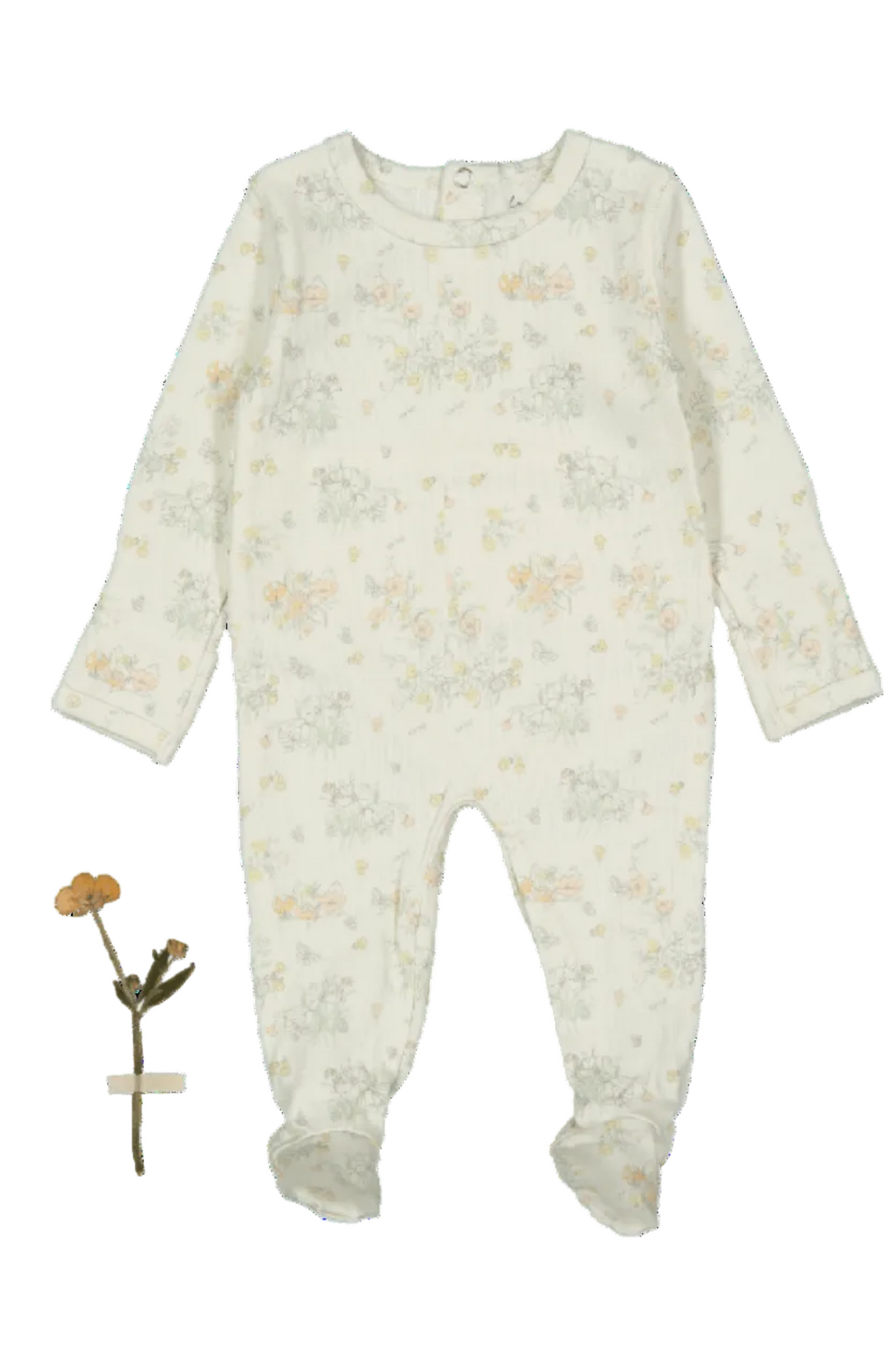 A soft, organic cotton baby romper featuring a delicate floral print in muted colors. The romper includes back snaps and mitten cuffs, perfect for infants aged 0-3 months.