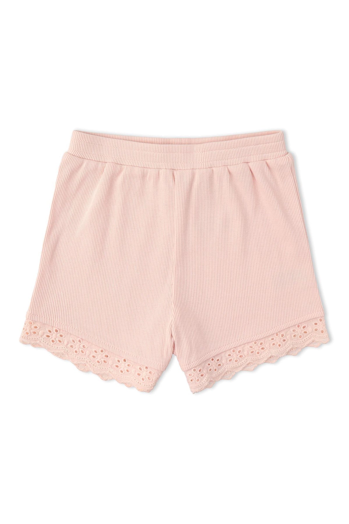 Light pink ribbed shorts featuring a delicate scalloped lace trim at the hem. Made from soft, organic cotton, these comfortable shorts are perfect for everyday wear in warm weather.