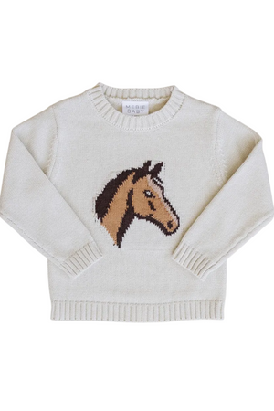 A cozy cream sweater made from organic cotton, featuring a charming horse design in brown. This timeless piece is ideal for children, offering both style and comfort.