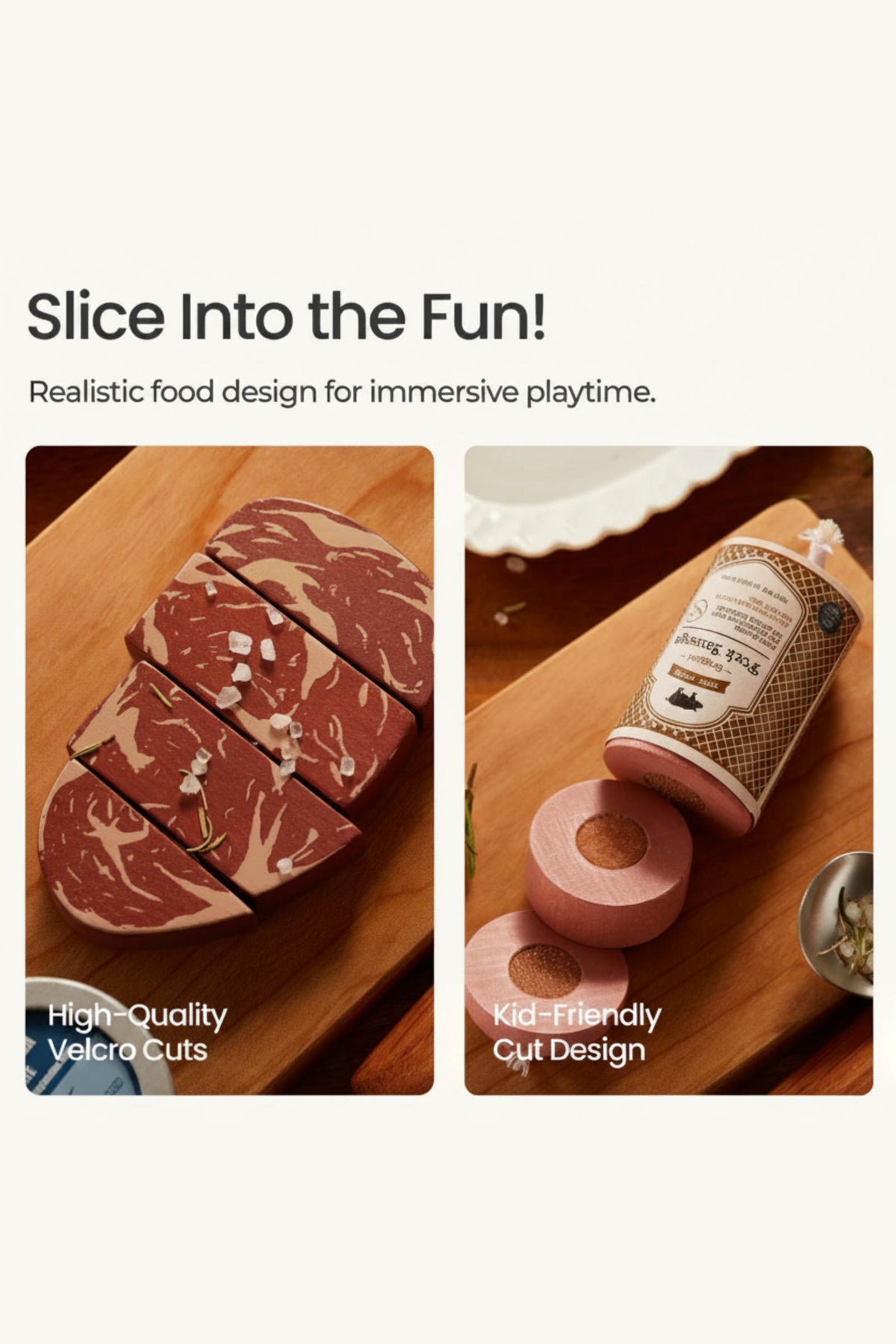 A colorful wooden play food set featuring realistic meat slices and a can, designed for imaginative play. Ideal for children, it promotes creativity and safe, interactive cooking experiences.