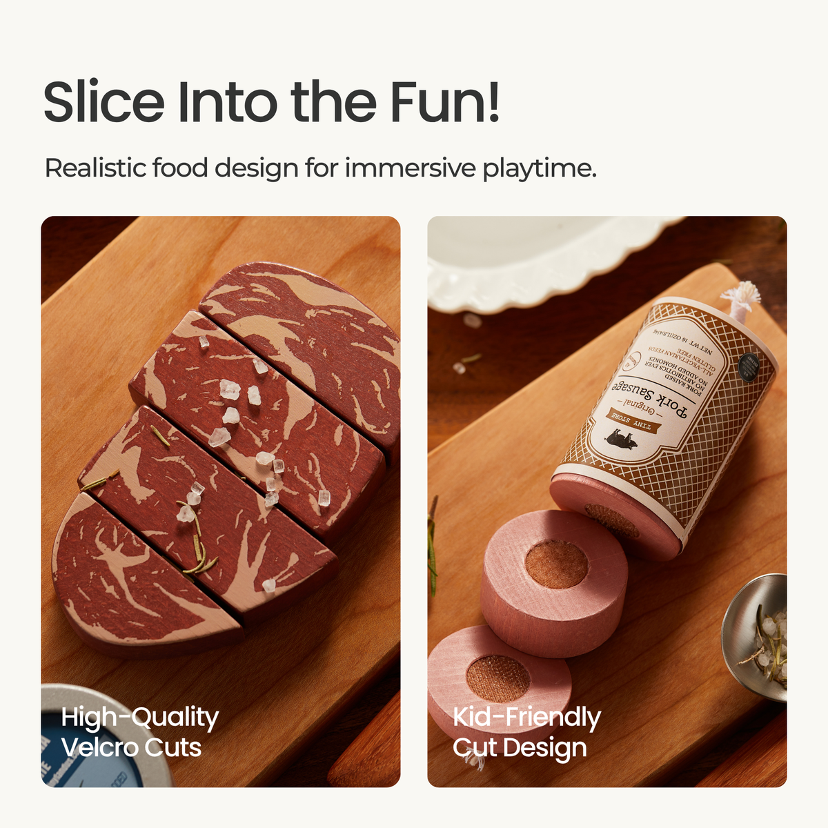 A wooden cutting board displays realistic, high-quality Velcro cuts of meat alongside a kid-friendly cut design featuring a pink wooden piece, perfect for imaginative play.