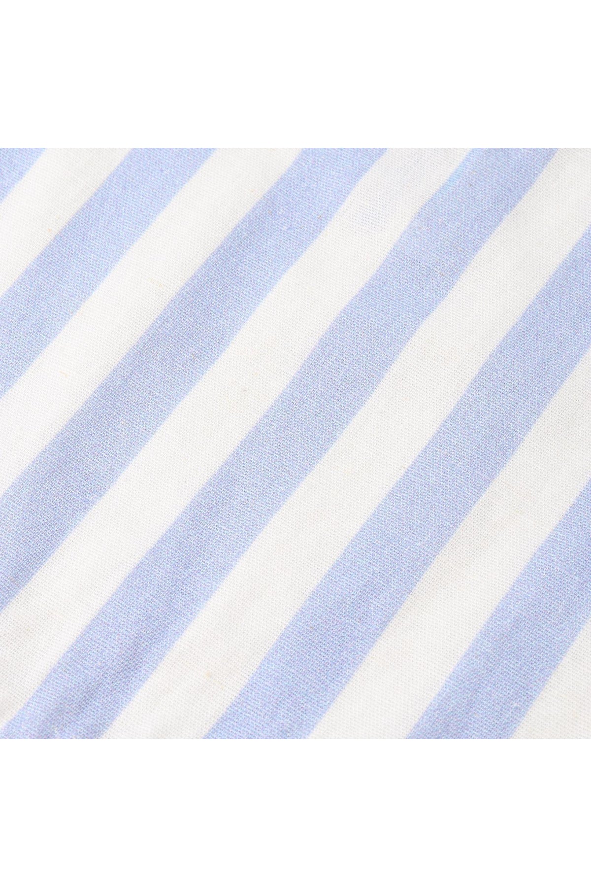 Close-up of a fabric featuring light blue and white stripes, made from a breathable linen-cotton blend, perfect for creating an organic collared romper for children.