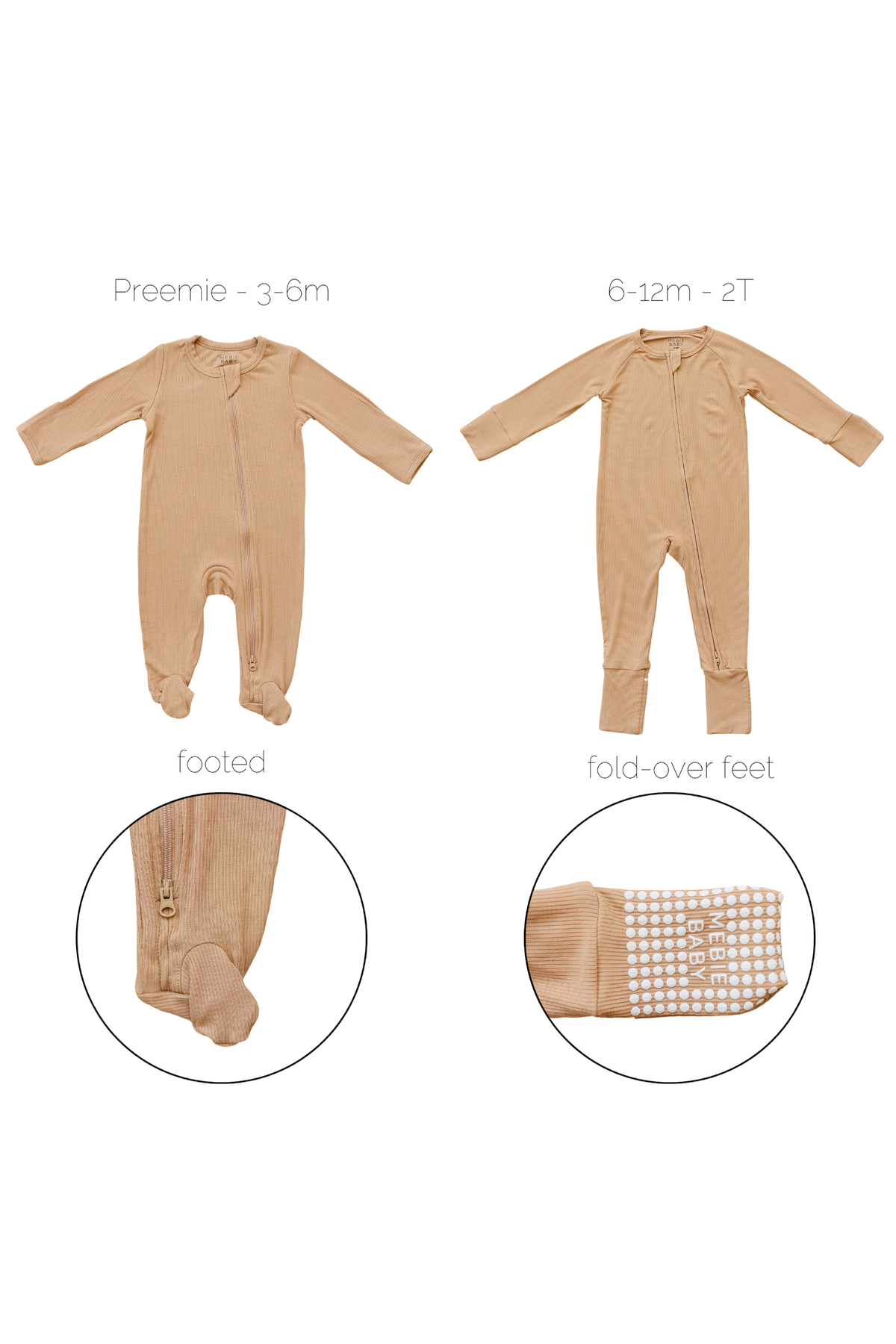 Two beige ribbed zipper pajamas for babies, featuring footed and fold-over feet designs, on a white background.