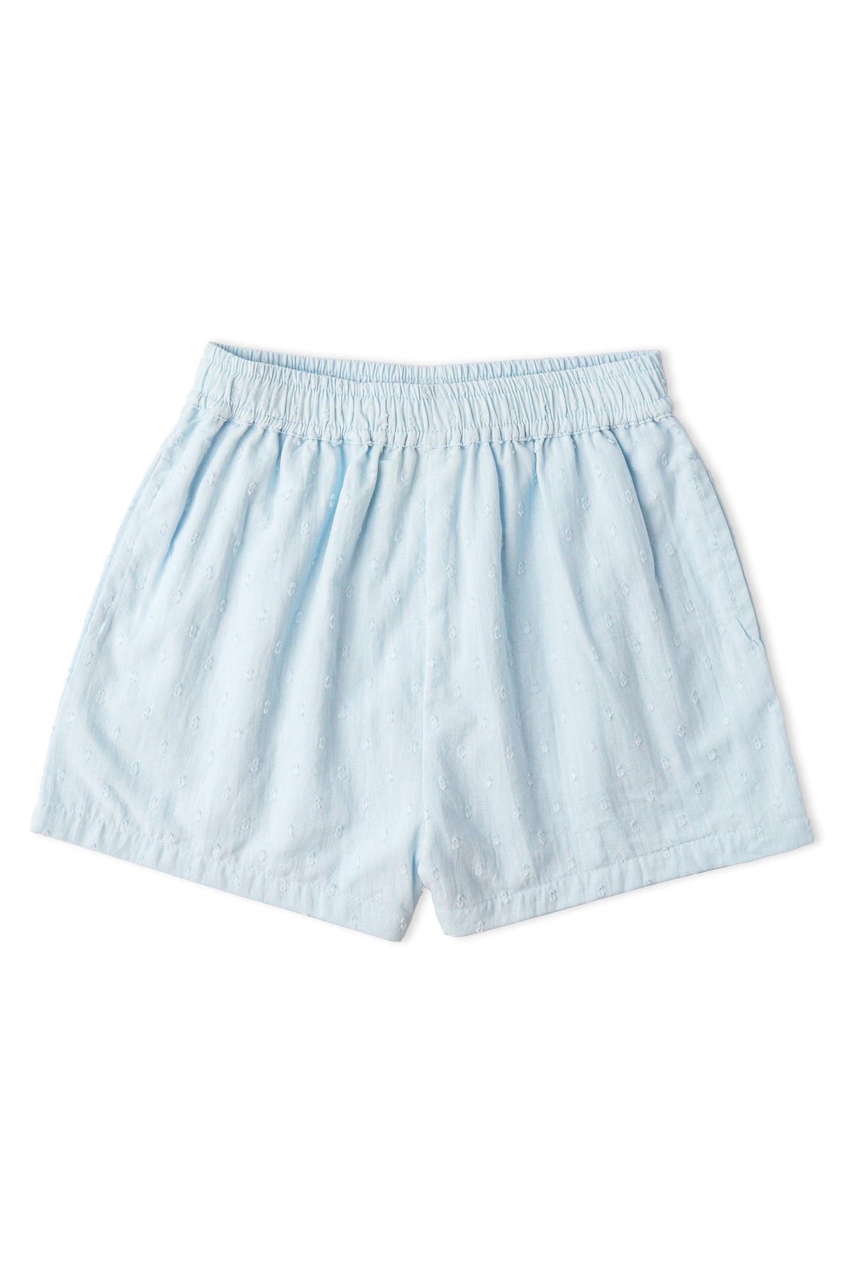 Light blue shorts made from organic cotton feature a soft, stretchy waistband and a textured dobby weave. Ideal for sunny day outings, these shorts combine comfort and style for children.