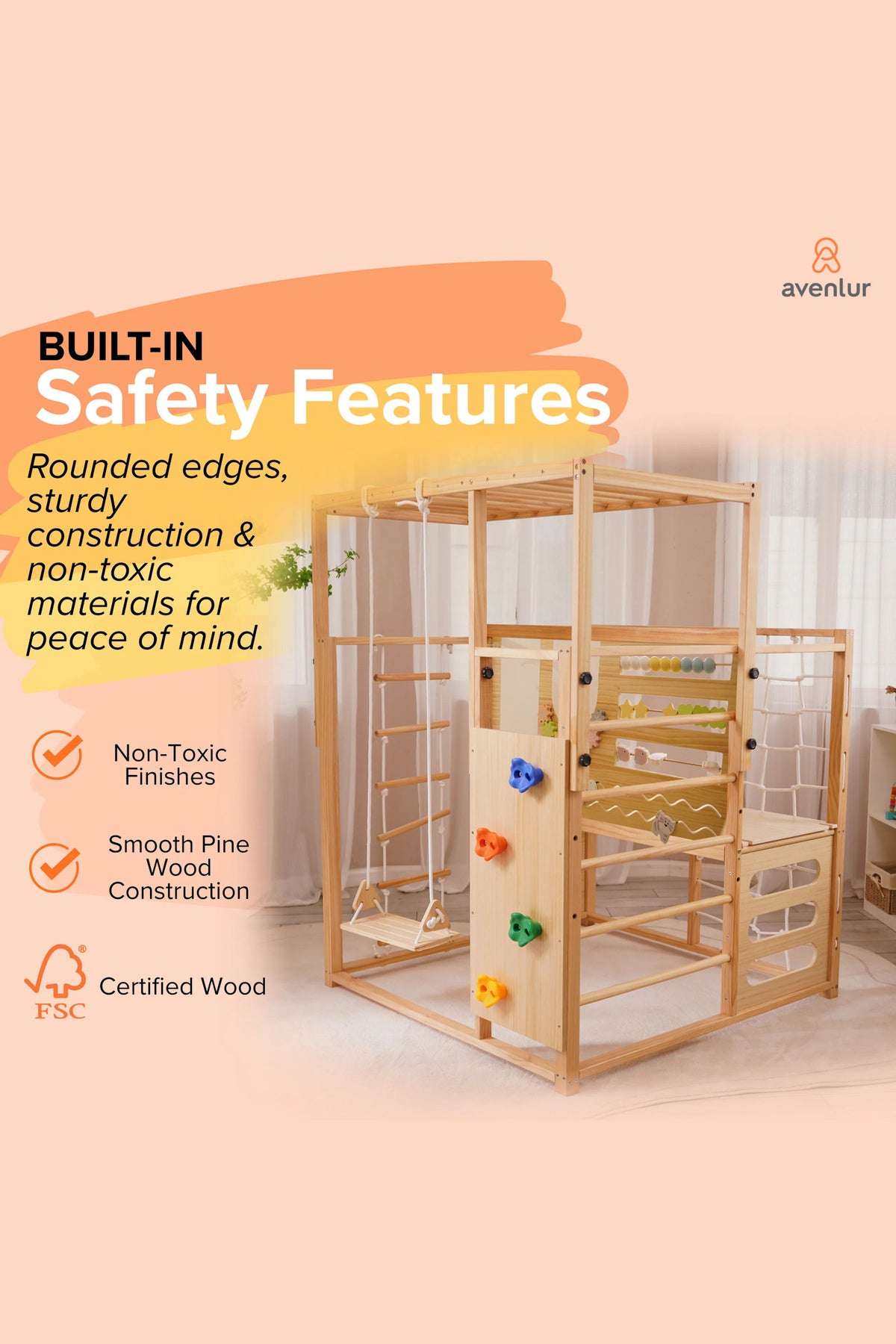 A wooden play gym features non-toxic finishes, rounded edges, and a climbing wall, designed for safe, energetic play.