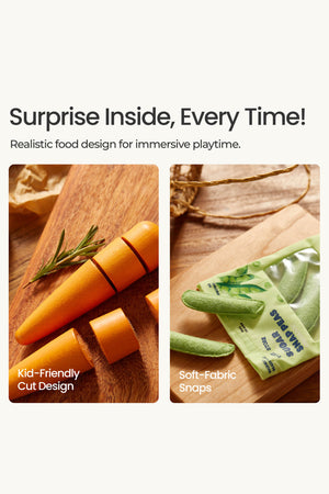 A wooden carrot is shown being sliced, with smaller pieces beside it, highlighting its kid-friendly cut design. Soft-fabric snap peas are displayed in an eco-friendly packaging, enhancing imaginative play.