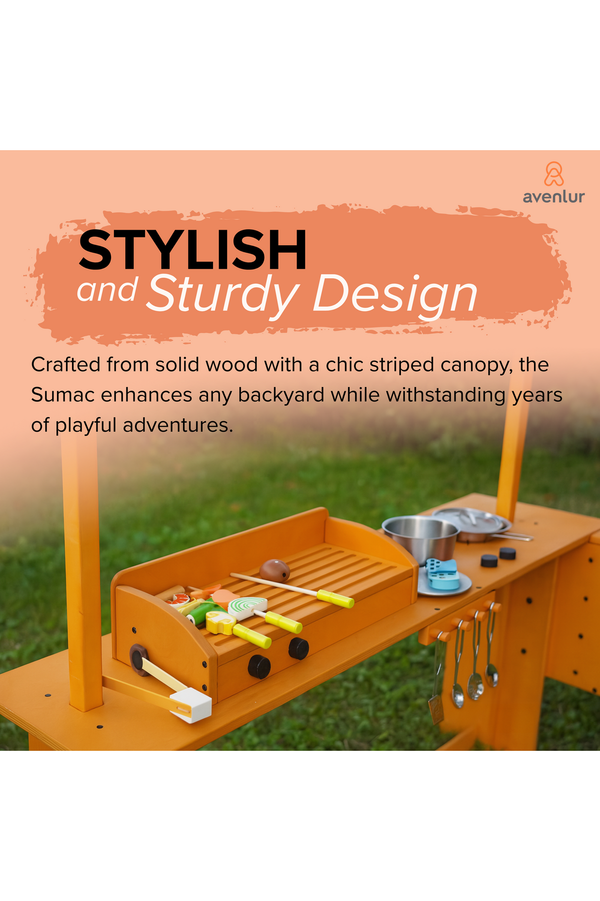 The Avenlur Sumac play station features a solid wood construction with a vibrant orange finish and a chic striped canopy, designed for durability and playful outdoor adventures.