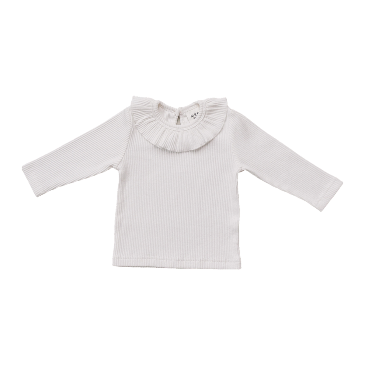 A soft, white ribbed cotton top with long sleeves and a ruffled collar, designed for toddlers and kids. Ideal for layering or wearing alone in various settings.