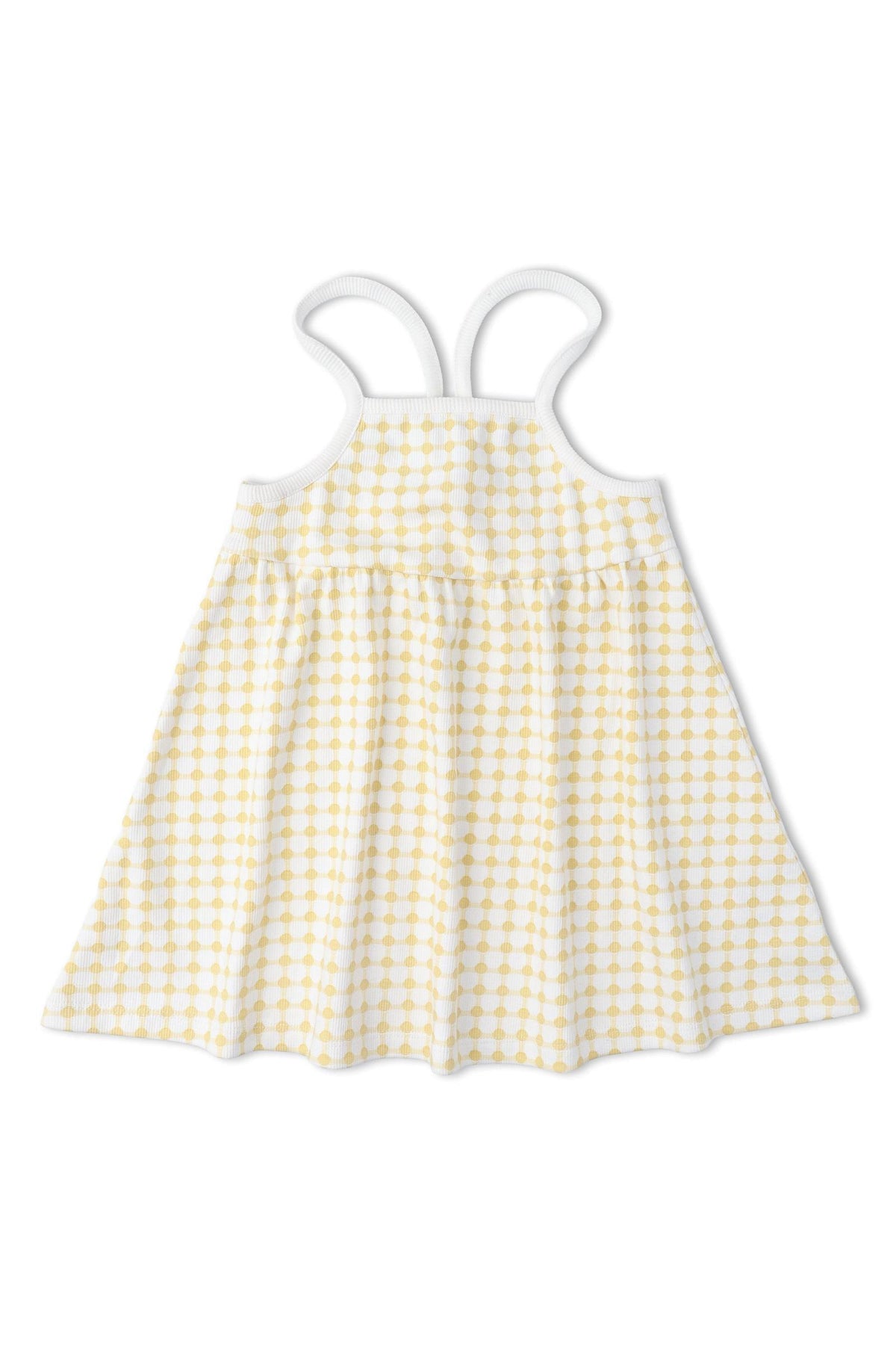 A light yellow and white dotty gingham dress featuring adjustable tie-back straps. Crafted from soft, breathable organic fabric, it’s perfect for warm-weather outings for young girls.