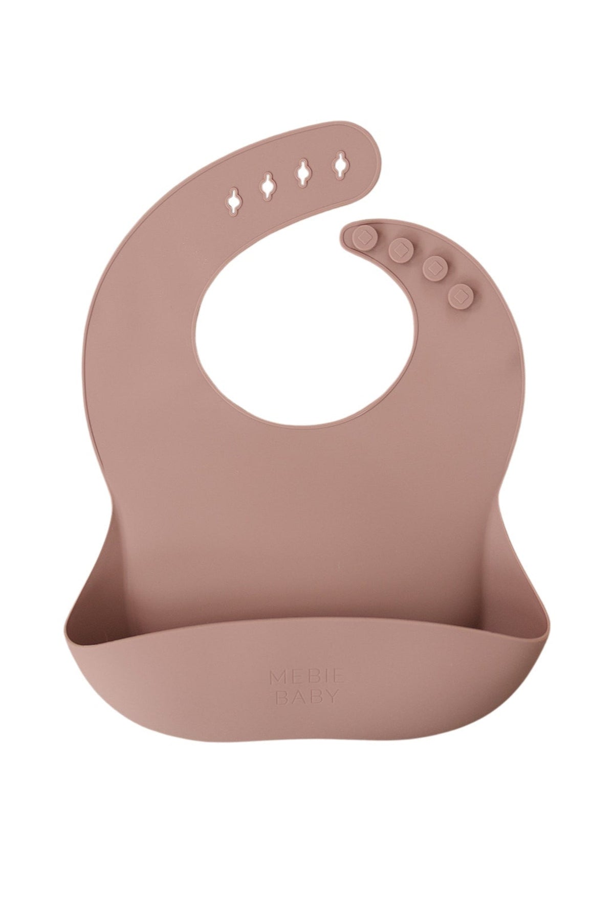 Mauve silicone bib with adjustable buttons and Mebie Baby logo, featuring a wide pocket for catching spills.