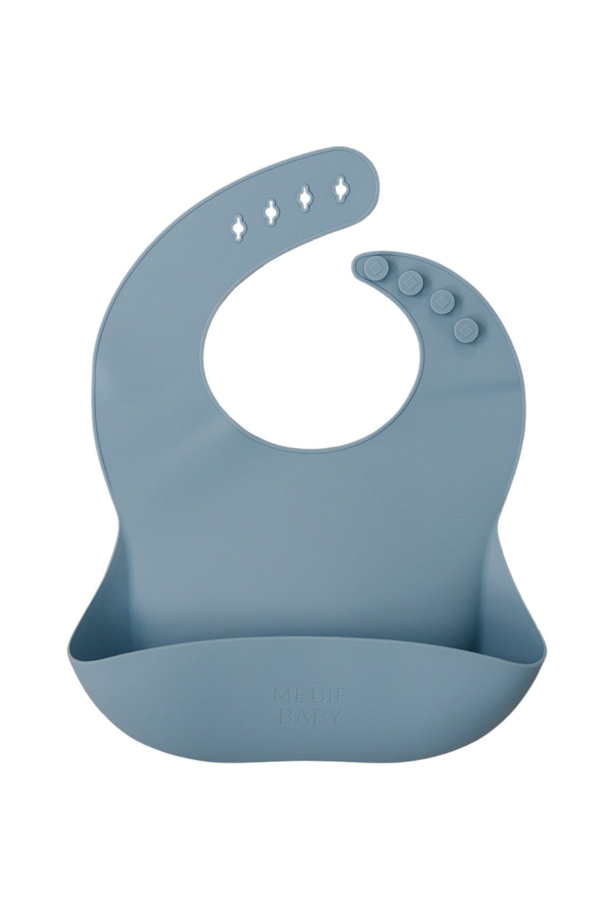 Blue silicone bib with adjustable button closure and catch pocket, embossed with Mebie Baby.