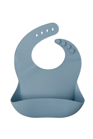 Blue silicone bib with adjustable button closure and catch pocket, embossed with Mebie Baby.