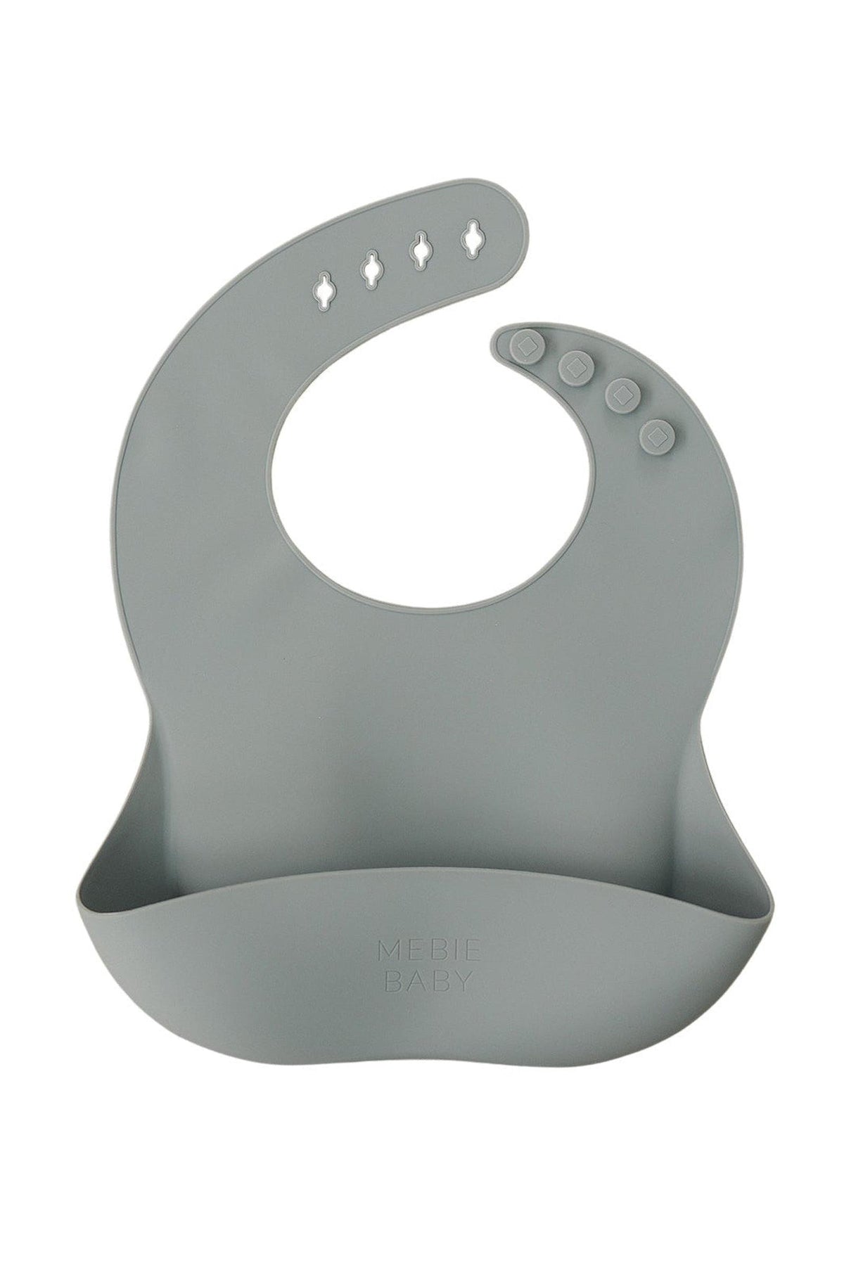 Gray silicone bib with adjustable button closure and pocket, featuring the Mebie Baby logo. BPA-free and dishwasher safe.