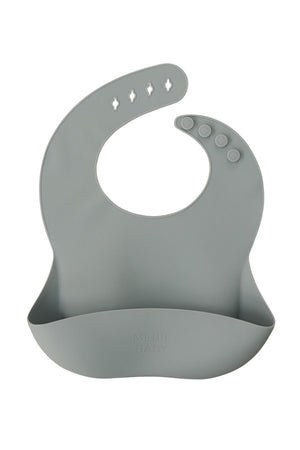 Gray silicone bib with adjustable button closure and pocket, featuring the Mebie Baby logo. BPA-free and dishwasher safe.