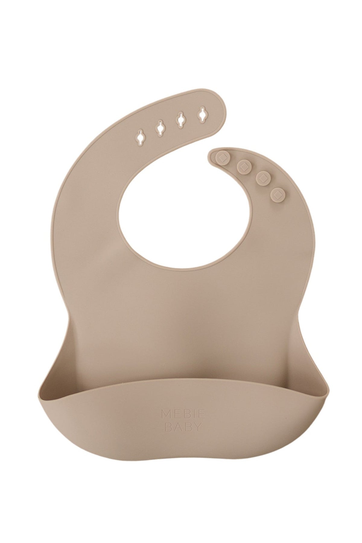 Beige silicone bib with adjustable button closure and a pocket, featuring the Mebie Baby brand name embossed.