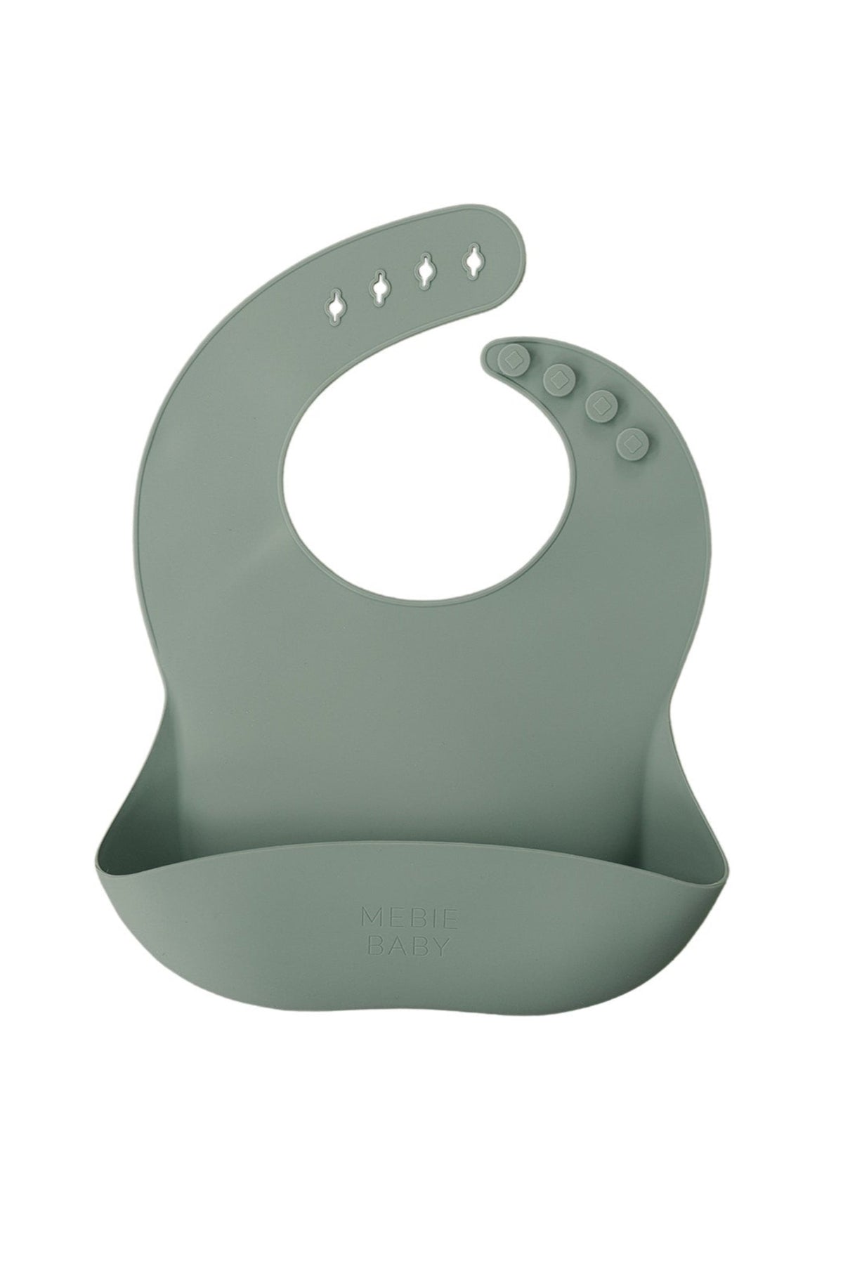 Green silicone bib with adjustable button closure and pocket, designed for babies. Features Mebie Baby branding.